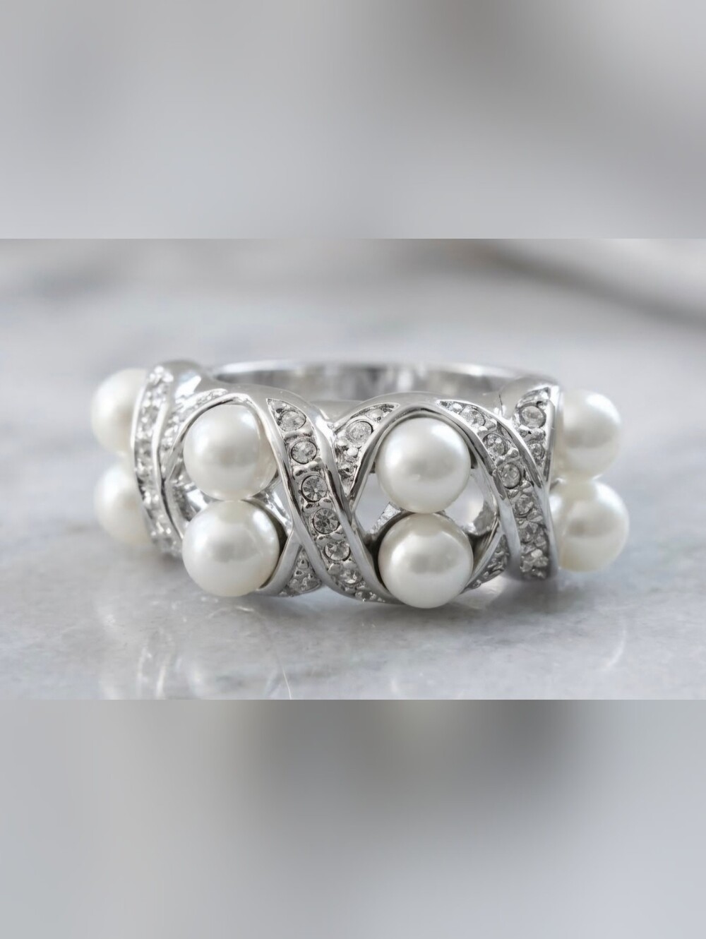 Vintage - Style Silver Pearl and Crystal Statement Ring